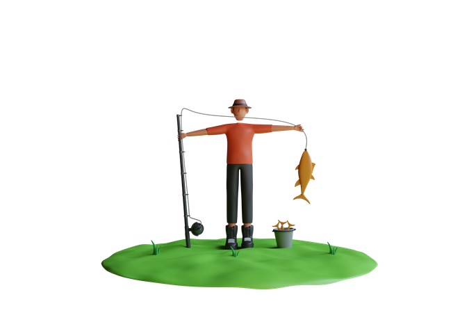 El hombre está pescando con caña de pescar.  3D Illustration