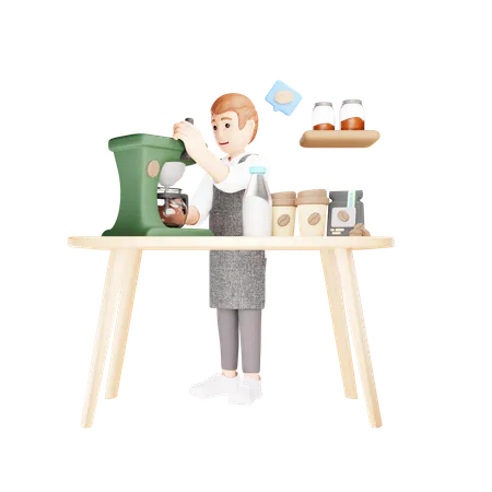 El hombre está preparando café en una batidora  3D Illustration