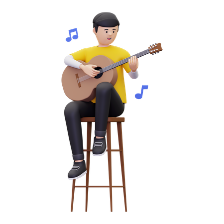 El hombre está sentado en una silla mientras toca una guitarra acústica  3D Illustration