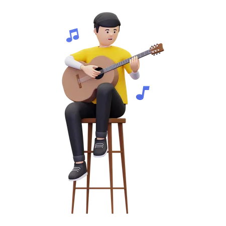 El hombre está sentado en una silla mientras toca una guitarra acústica  3D Illustration