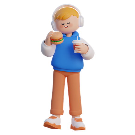 El niño come hamburguesas y bebe refrescos  3D Icon