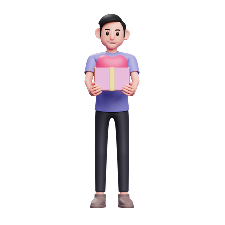 El niño entrega una caja de regalo abierta que contiene un corazón rosa.  3D Icon