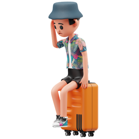 El niño está triste en la maleta.  3D Illustration