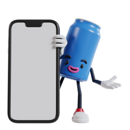 El personaje de lata de refresco aparece detrás de un teléfono grande con la mano abierta  3D Illustration