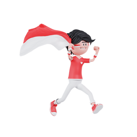 El pueblo indonesio corre con traer una bandera  3D Illustration