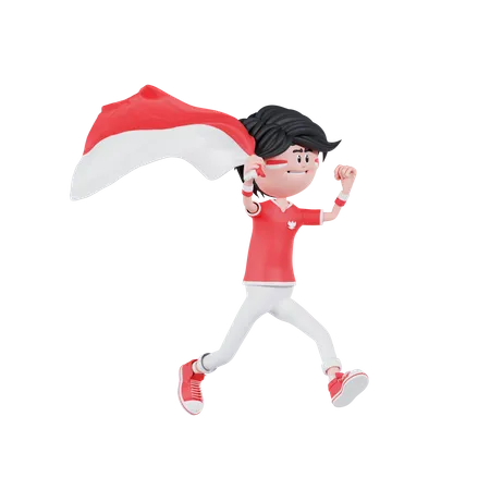 El pueblo indonesio corre con traer una bandera  3D Illustration