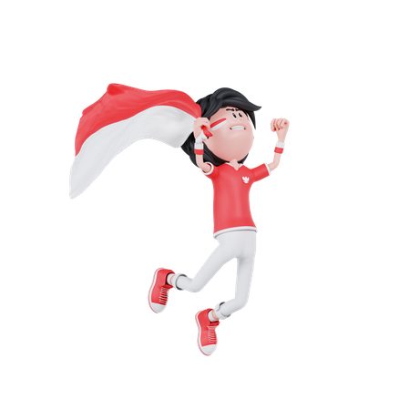 El pueblo indonesio salta trayendo una bandera  3D Illustration