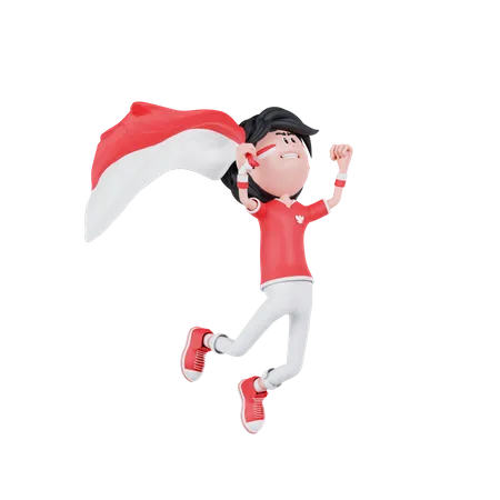 El pueblo indonesio salta trayendo una bandera  3D Illustration