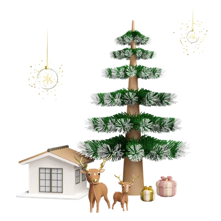 El reno está parado cerca del árbol de Navidad  3D Illustration