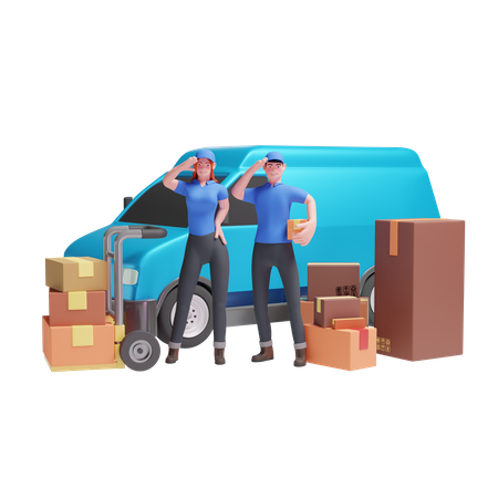 El repartidor y la repartidora saludan delante de la furgoneta.  3D Illustration