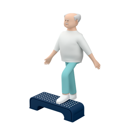Elderly Man Doing Rehabilitation Activity While Practicing With Step Platform  3D Illustration