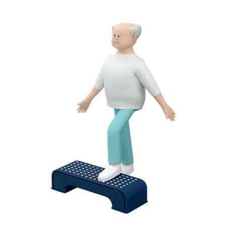 Elderly Man Doing Rehabilitation Activity While Practicing With Step Platform  3D Illustration