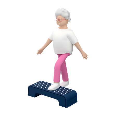 ステップ台で練習しながらリハビリ活動を行う高齢女性  3D Illustration