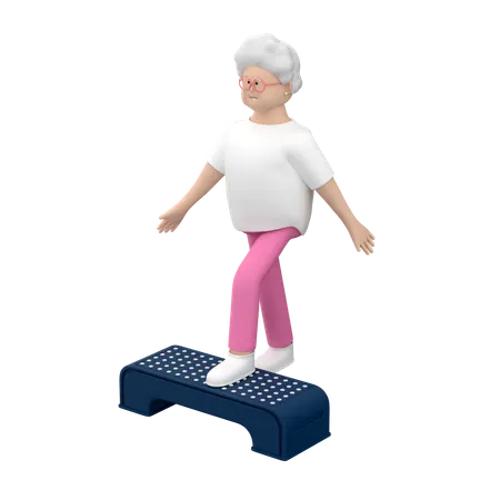 Elderly Woman Doing Rehabilitation Activity While Practicing With Step Platform  3D Illustration