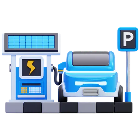 Electric Car At Charging Station  3D Icon