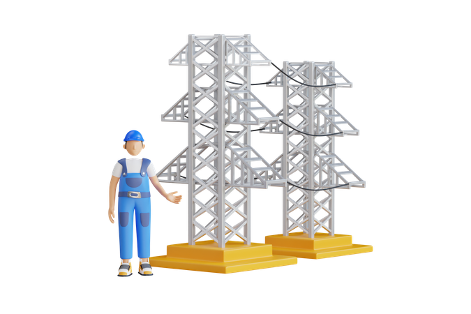 Electrical Engineer Standing Near Electricity Tower  3D Icon