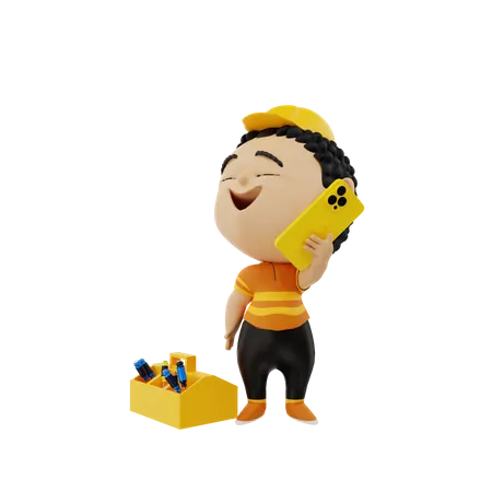 Electrician calling on mobile 3D Illustration