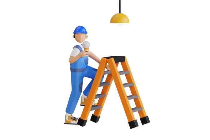 Electrician Changes The Broken Lamp 3 D Illustration Man Changing Light Bulb In Ceiling Lamp While Standing On Stool 3 D Illustration 3D Illustration