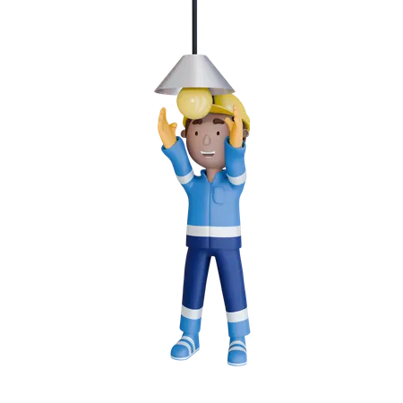 Electrician Changing Bulb  3D Illustration
