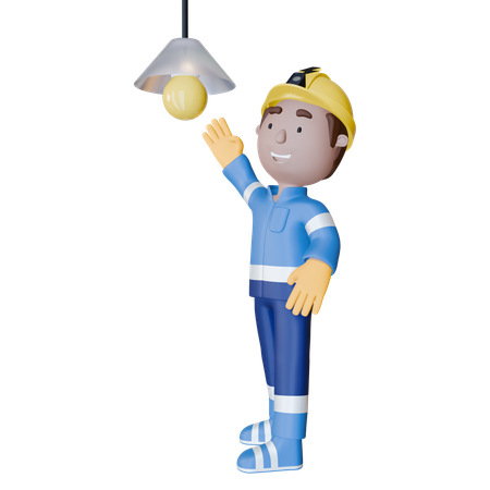 Electrician Changing Lamp Bulb  3D Illustration