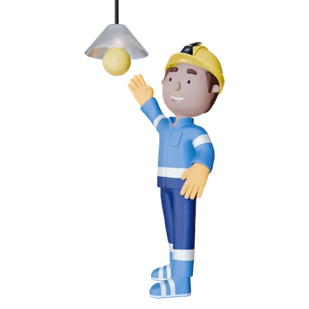 Electrician Changing Lamp Bulb  3D Illustration