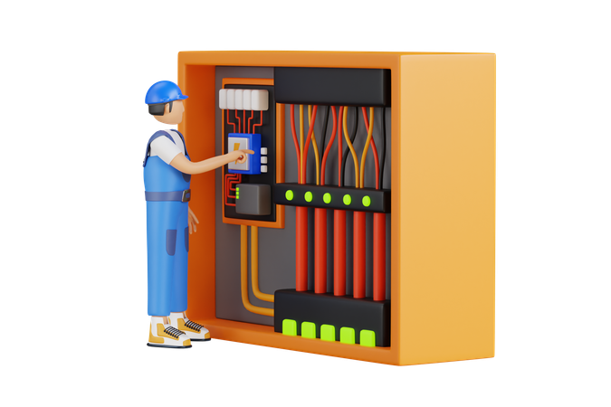 Electrician Checking Circuit Box  3D Illustration