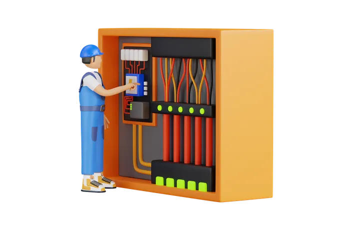 Electrician Checking Circuit Box  3D Illustration
