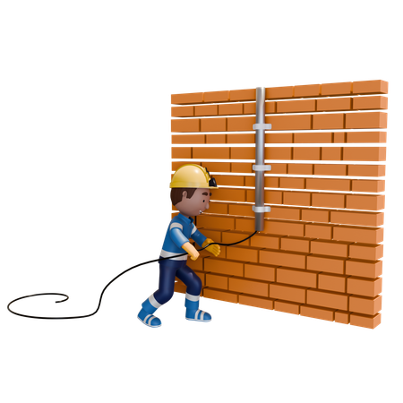 벽돌 벽 배선을 하는 전기 기술자  3D Illustration