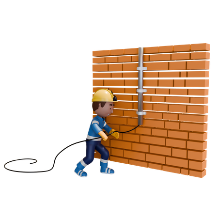 Electrician Doing Brick Wall Wiring  3D Illustration
