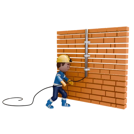Electrician Doing Brick Wall Wiring  3D Illustration