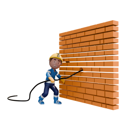 Electrician Doing Brick Wall Wiring In Hole  3D Illustration