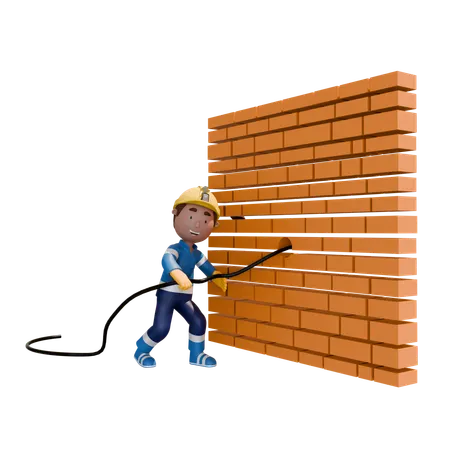 Electrician Doing Brick Wall Wiring In Hole  3D Illustration