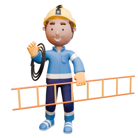 Electrician Holding Ladder And Wiring  3D Illustration