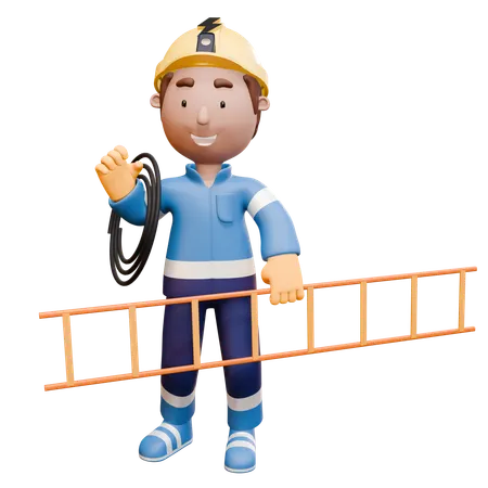 Electrician Holding Ladder And Wiring  3D Illustration