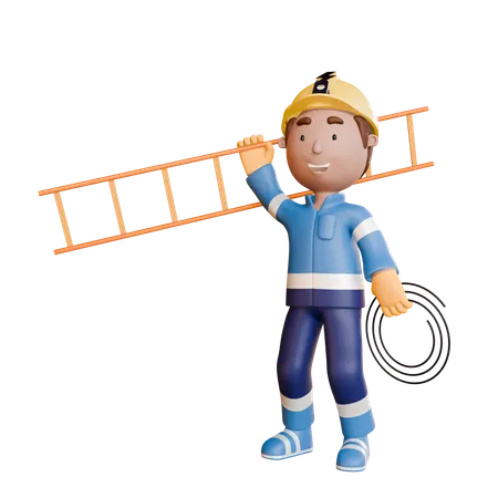 Electrician Holding Ladder On Shoulder  3D Illustration