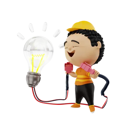Electrician holding plug and bulb  3D Illustration