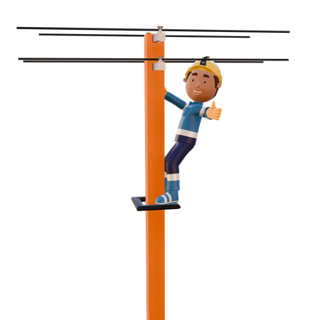 Electrician Showing Thumbs Up From Electric Pole  3D Illustration