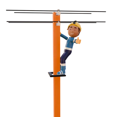 Electrician Showing Thumbs Up From Electric Pole  3D Illustration