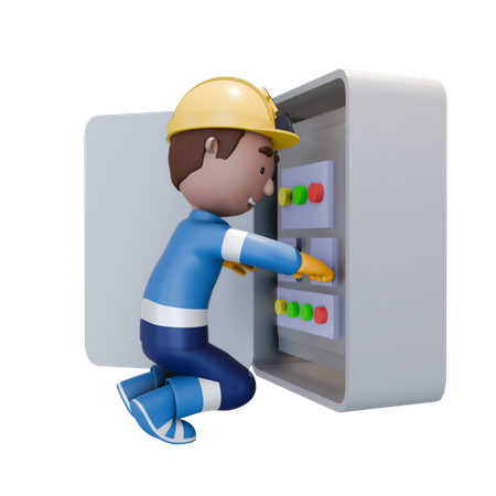 Electrician Sitting Fix Electric Board  3D Illustration