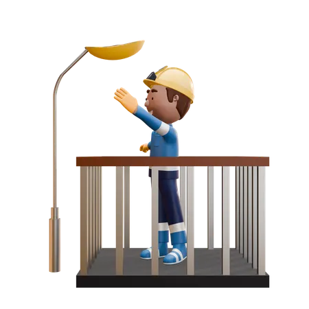 Electrician Standing And Lamp Setting  3D Illustration