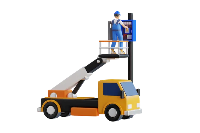 Electrician Standing On Cable Car To Repair Power Supply System  3D Illustration
