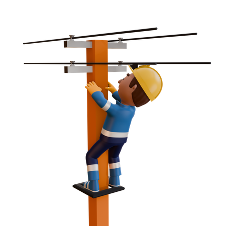 Electrician Standing On Electric Pole  3D Illustration