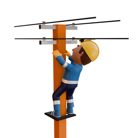 Electrician Standing On Electric Pole  3D Illustration