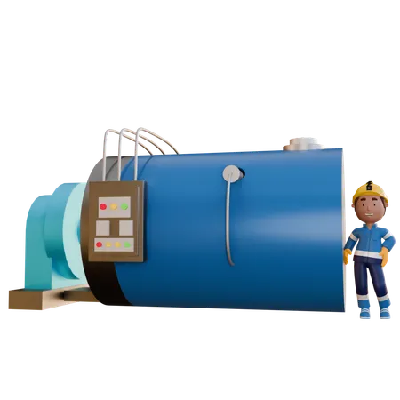 터빈 전기 기계 옆에 서 있는 전기 기술자  3D Illustration