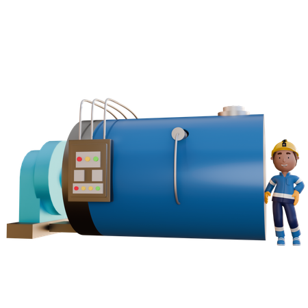 Electrician Standing With Turbine Electric Machine  3D Illustration