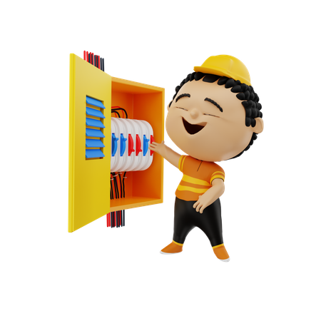 Electrician with fuse box 3D Illustration
