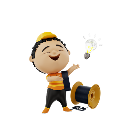 Electrician with wire and bulb  3D Illustration