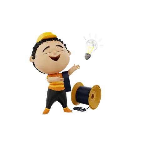 Electrician with wire and bulb 3D Illustration