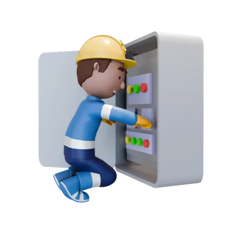 Électricien assis réparant le tableau électrique  3D Illustration