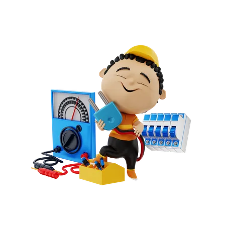 Electricista con equipo electrónico.  3D Illustration